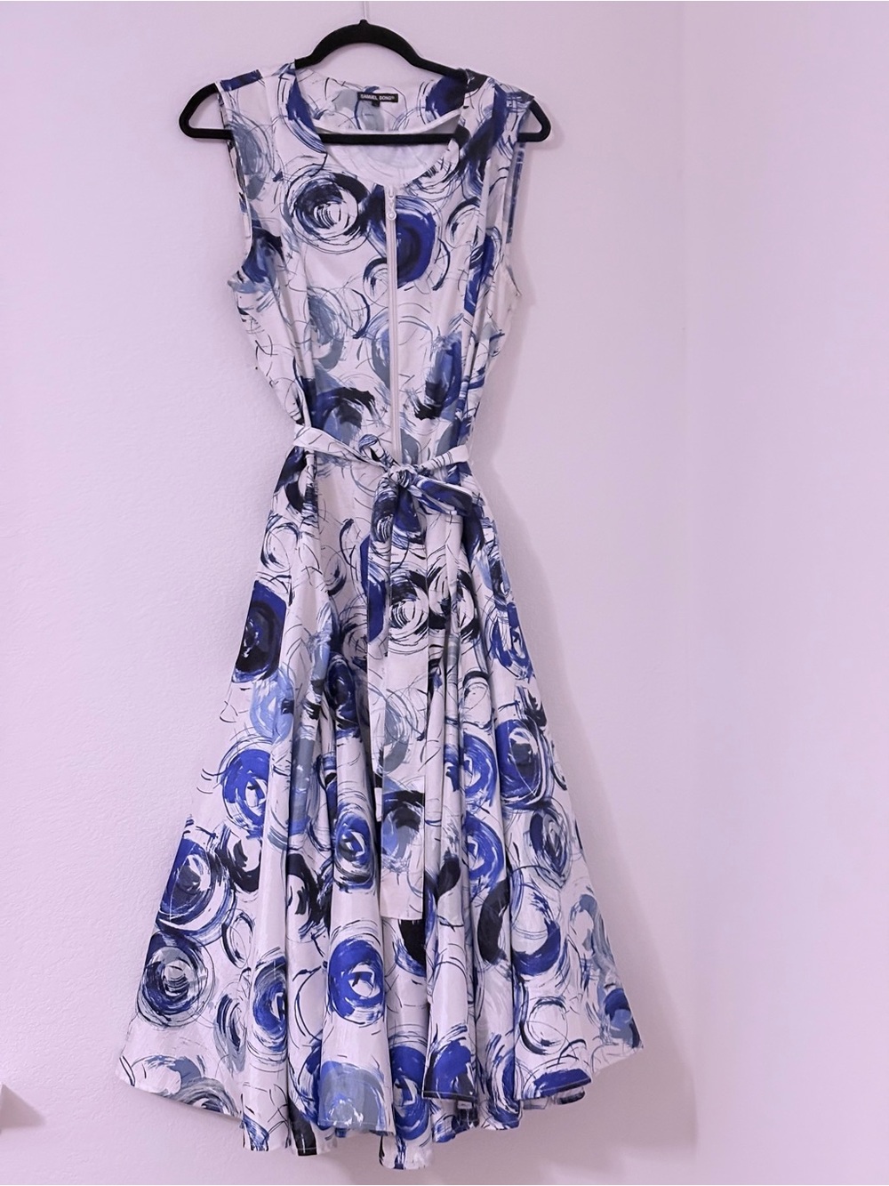 Samuel Dong White Dress with Blue Swirl Print